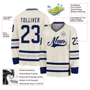 Custom Cream Navy-Gray Hockey Jersey