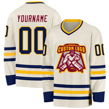 Load image into Gallery viewer, Custom Cream Navy Gold-Maroon Hockey Jersey
