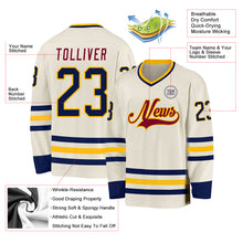 Load image into Gallery viewer, Custom Cream Navy Gold-Maroon Hockey Jersey
