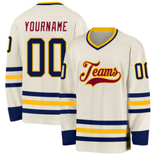 Load image into Gallery viewer, Custom Cream Navy Gold-Maroon Hockey Jersey
