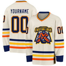 Load image into Gallery viewer, Custom Cream Navy Gold-Orange Hockey Jersey
