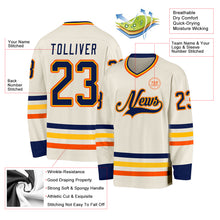 Load image into Gallery viewer, Custom Cream Navy Gold-Orange Hockey Jersey
