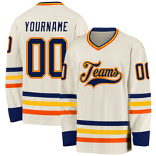 Load image into Gallery viewer, Custom Cream Navy Gold-Orange Hockey Jersey
