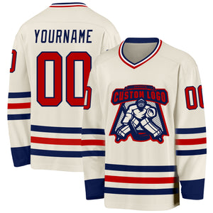 Custom Cream Red Navy-White Hockey Jersey