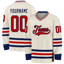 Load image into Gallery viewer, Custom Cream Red Navy-White Hockey Jersey
