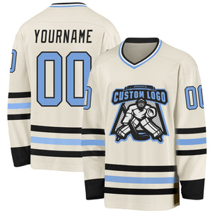 Custom Cream Light Blue Black-White Hockey Jersey