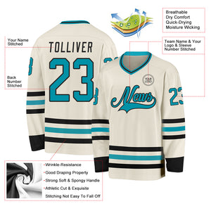 Custom Cream Teal-Black Hockey Jersey