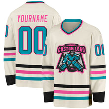 Load image into Gallery viewer, Custom Cream Teal Black-Pink Hockey Jersey
