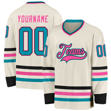 Load image into Gallery viewer, Custom Cream Teal Black-Pink Hockey Jersey
