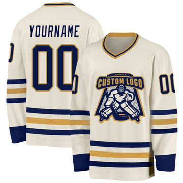 Custom Cream Navy-Old Gold Hockey Jersey