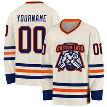 Load image into Gallery viewer, Custom Cream Navy-Orange Hockey Jersey
