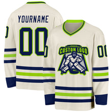 Load image into Gallery viewer, Custom Cream Navy-Neon Green Hockey Jersey
