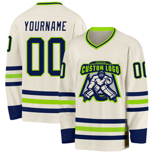 Custom Cream Navy-Neon Green Hockey Jersey