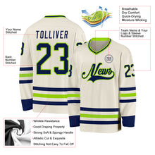 Load image into Gallery viewer, Custom Cream Navy-Neon Green Hockey Jersey
