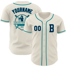 Load image into Gallery viewer, Custom Cream Navy-Teal Authentic Baseball Jersey
