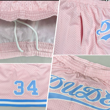 Custom Light Pink Light Blue-White Authentic Throwback Basketball Shorts