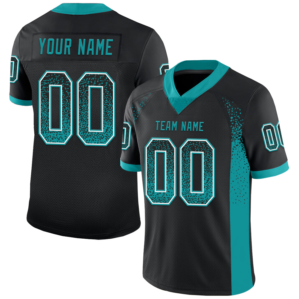 Custom Black Teal-White Mesh Drift Fashion Football Jersey