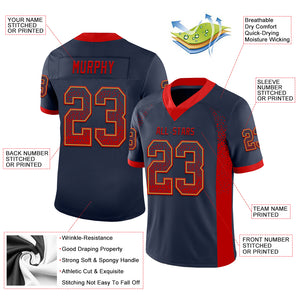 Custom Navy Red-Old Gold Mesh Drift Fashion Football Jersey