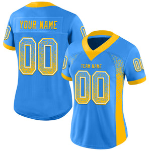 Custom Powder Blue Gold-White Mesh Drift Fashion Football Jersey