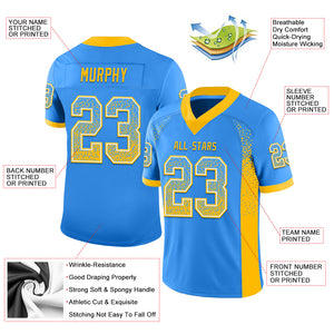 Custom Powder Blue Gold-White Mesh Drift Fashion Football Jersey