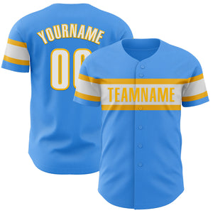 Custom Electric Blue White-Gold Authentic Baseball Jersey