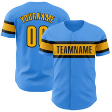 Load image into Gallery viewer, Custom Electric Blue Gold-Black Authentic Baseball Jersey
