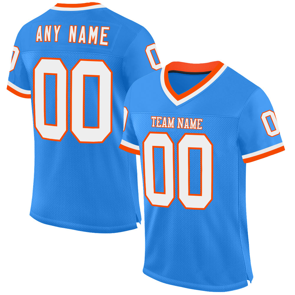 Custom Powder Blue White-Orange Mesh Authentic Throwback Football Jersey