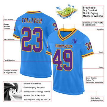 Custom Powder Blue Purple-Gold Mesh Authentic Throwback Football Jersey