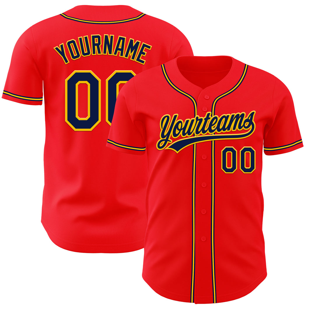 Custom Fire Red Navy-Yellow Authentic Baseball Jersey