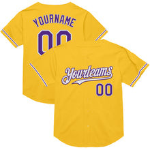 Load image into Gallery viewer, Custom Gold Purple-White Mesh Authentic Throwback Baseball Jersey
