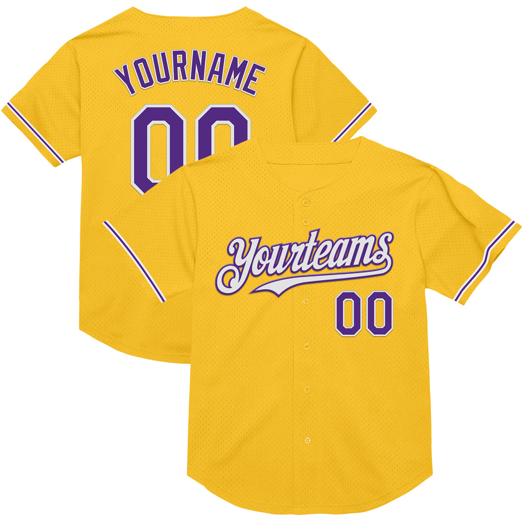 Custom Gold Purple-White Mesh Authentic Throwback Baseball Jersey