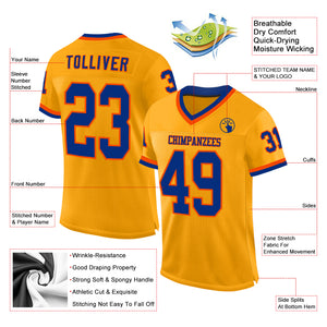 Custom Gold Royal-Orange Mesh Authentic Throwback Football Jersey