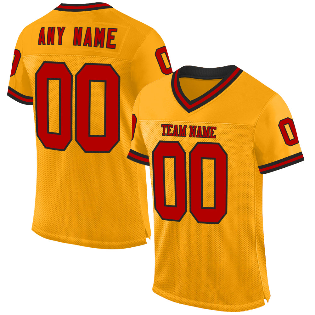 Custom Gold Red-Black Mesh Authentic Throwback Football Jersey