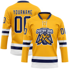 Load image into Gallery viewer, Custom Gold Navy-White Hockey Lace Neck Jersey
