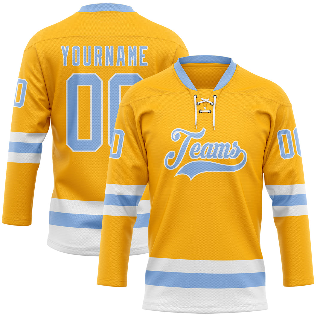 Custom Gold Light Blue-White Hockey Lace Neck Jersey