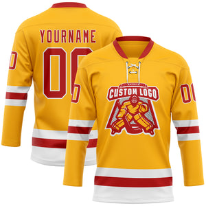 Custom Gold Red-White Hockey Lace Neck Jersey