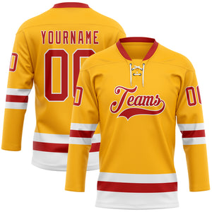 Custom Gold Red-White Hockey Lace Neck Jersey