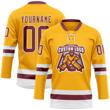 Load image into Gallery viewer, Custom Gold Burgundy-White Hockey Lace Neck Jersey
