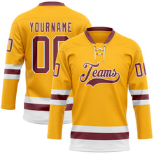 Load image into Gallery viewer, Custom Gold Burgundy-White Hockey Lace Neck Jersey
