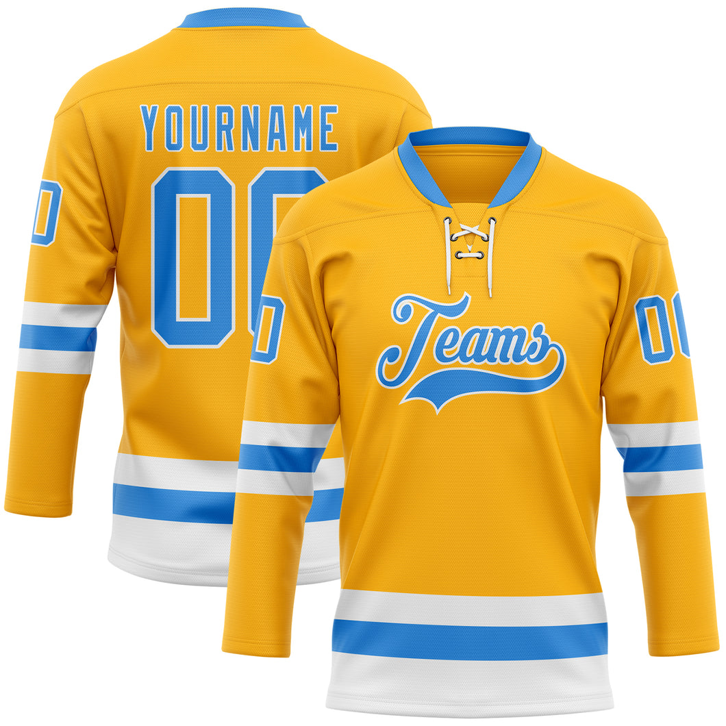 Custom Gold Powder Blue-White Hockey Lace Neck Jersey