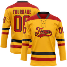 Load image into Gallery viewer, Custom Gold Red-Black Hockey Lace Neck Jersey
