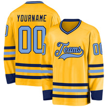 Load image into Gallery viewer, Custom Gold Light Blue-Navy Hockey Jersey
