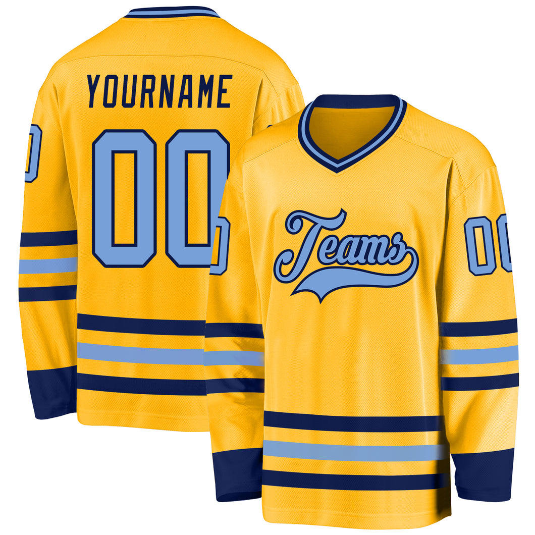 Custom Gold Light Blue-Navy Hockey Jersey