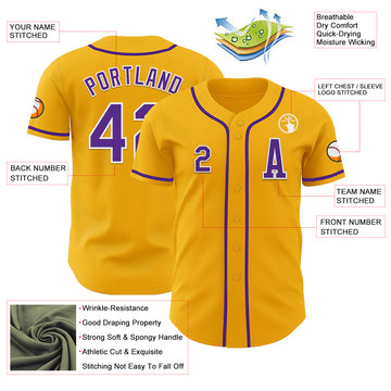 Custom Gold Purple-White Authentic Baseball Jersey