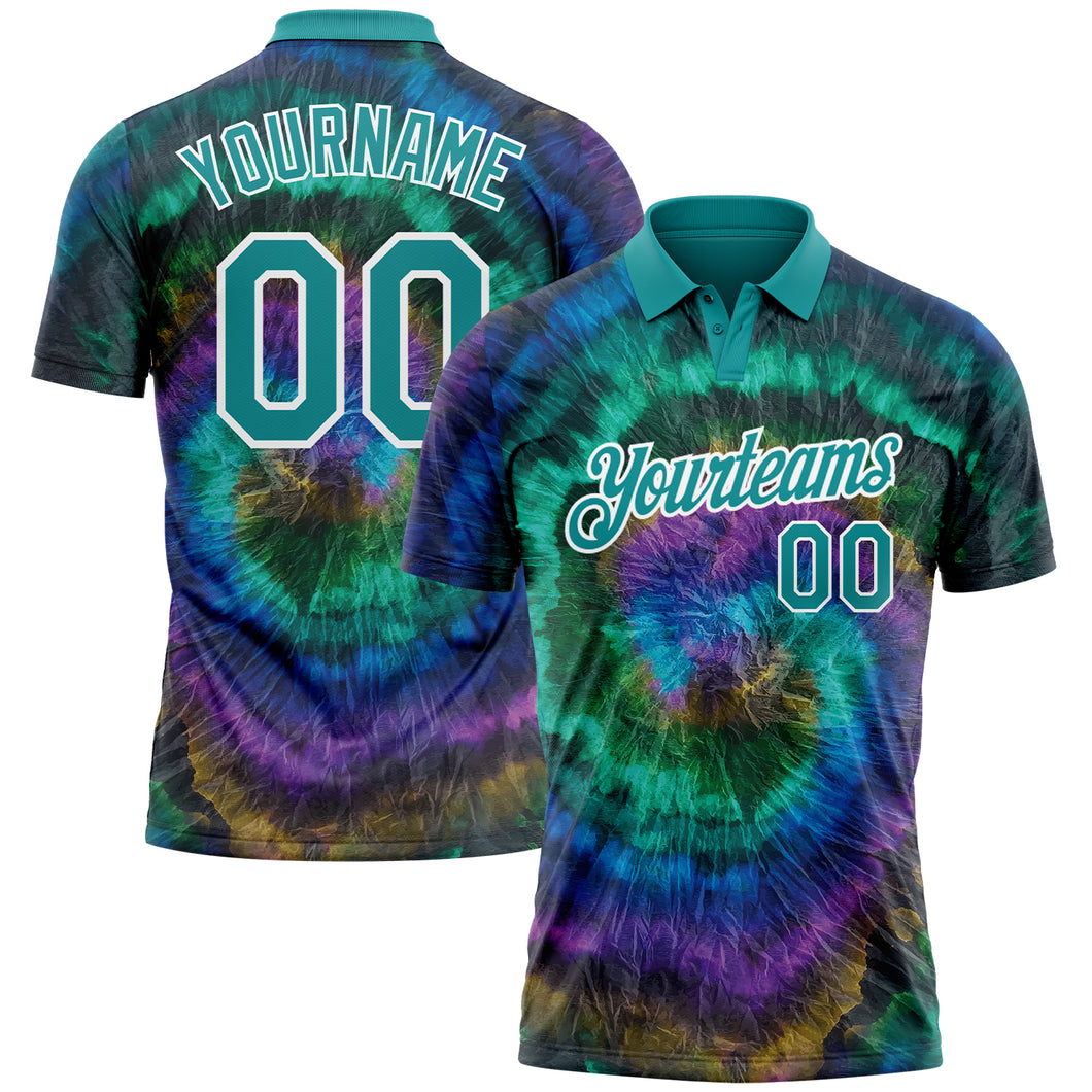 Custom Tie Dye Teal-White 3D Performance Golf Polo Shirt