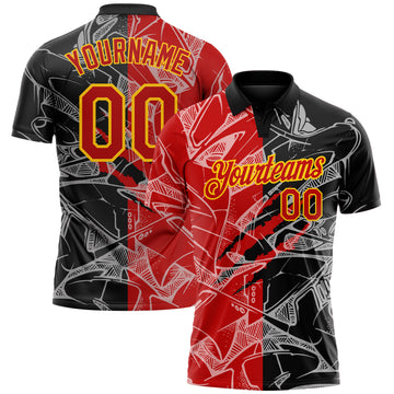 Custom Graffiti Pattern Red-Yellow 3D Scratch Performance Golf Polo Shirt