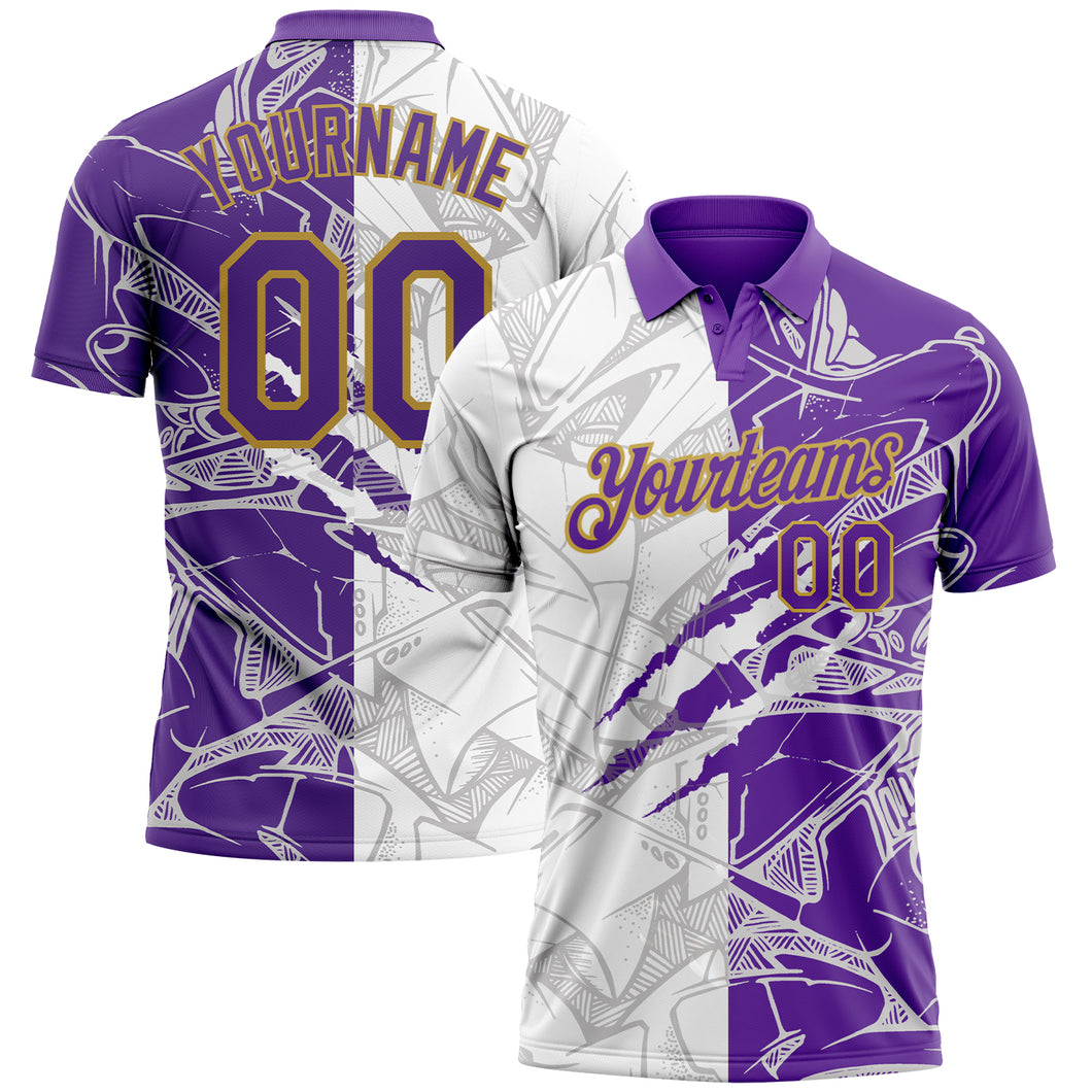 Custom Graffiti Pattern Purple-Old Gold 3D Scratch Performance Golf Polo Shirt