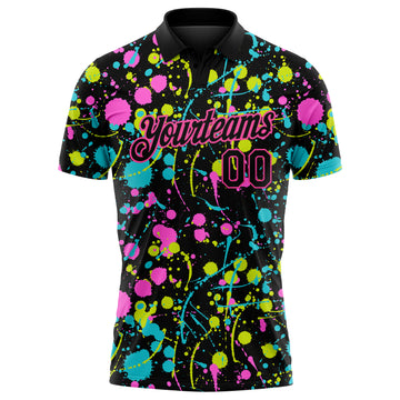 Custom Graffiti Pattern Black-Pink 3D Neon Splatter Performance Golf Polo Shirt