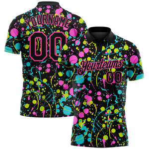 Custom Graffiti Pattern Black-Pink 3D Neon Splatter Performance Golf Polo Shirt