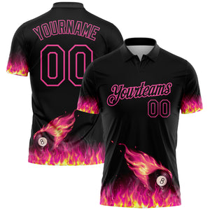 Custom Black Pink 3D Pattern Design Flame Billiards 8 Ball Performance Polo Shirt